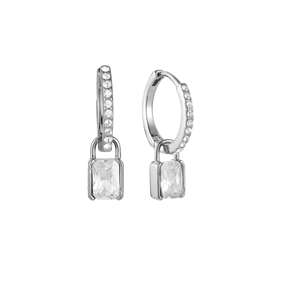 Diamond Lock Stainless Steel Creole Silver Zirconia