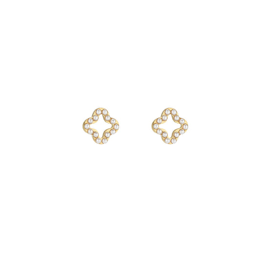 Hollow Pearl Clover Stainless Steel Ear Studs Gold