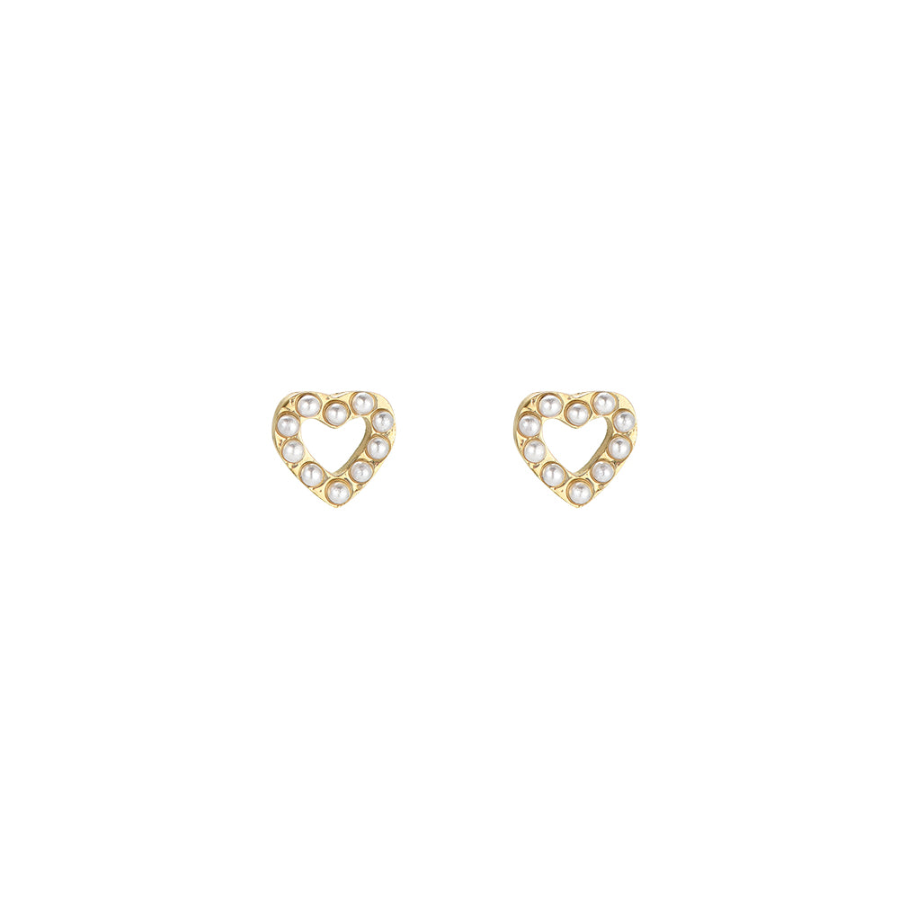 Hollow Pearl Heart Stainless Steel Ear Studs Gold