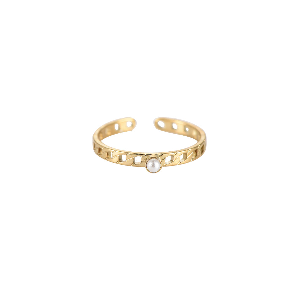 Little Pearl on Lock Chain Stainless Ring Gold