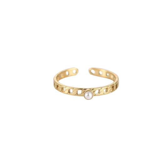 Little Pearl on Lock Chain Stainless Ring Gold