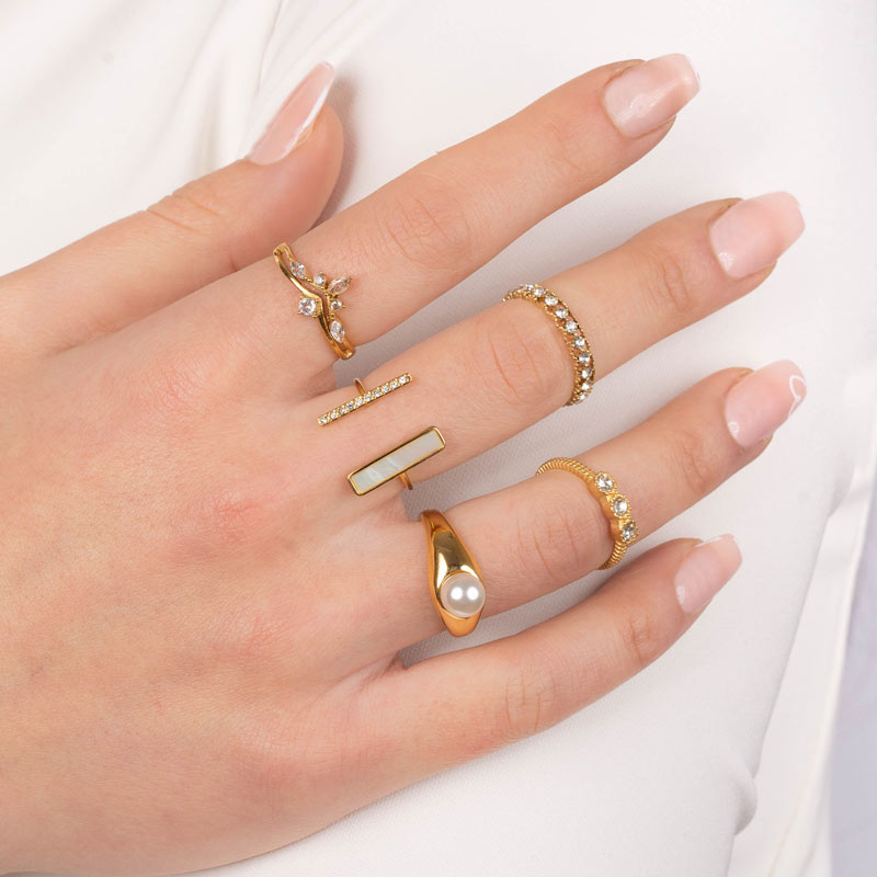 Parallel Pearl Parting Stainless Steel Ring Gold