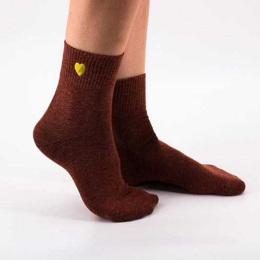 Coral Quarter Socks With Golden Heart Embroidery