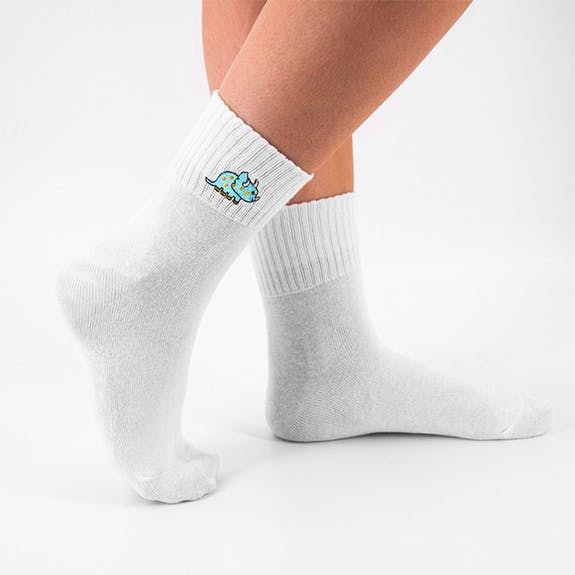 White Quarter Socks With Triceratops Embroidery