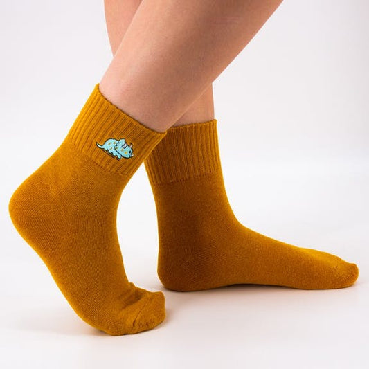 Mustard Quarter Socks With Triceratops Embroidery