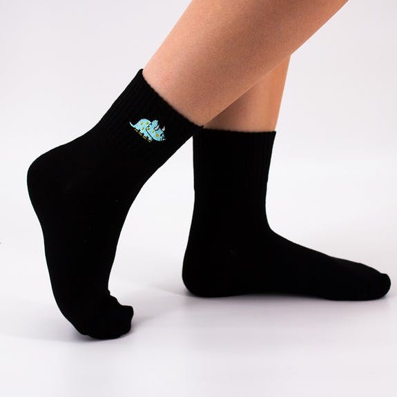 Black Quarter Socks With Triceratops Embroidery