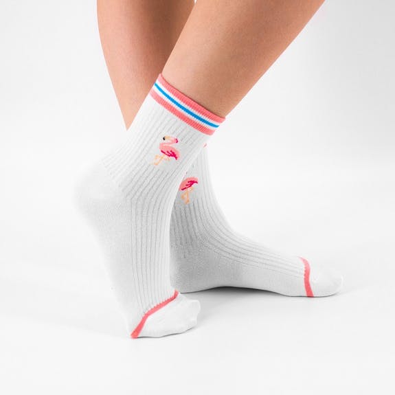 White Quarter Socks With Exotic Flamingo