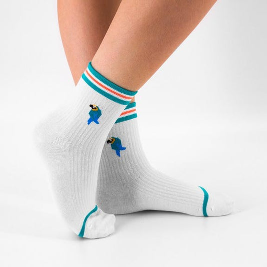 White Quarter Socks With Exotic Parrot