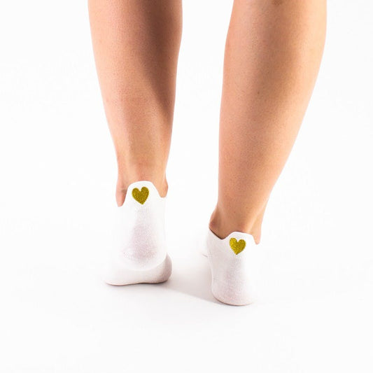 White Ankle Socks With Golden Heart Embroidery