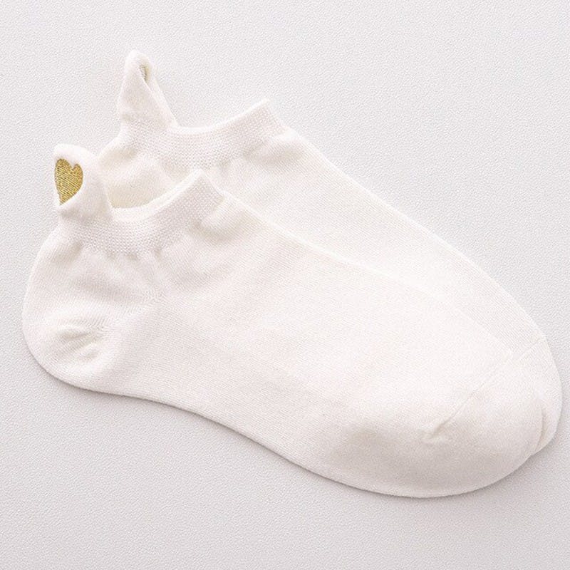 White Ankle Socks With Golden Heart Embroidery