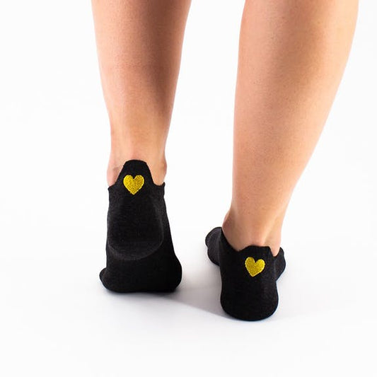 Black Ankle Socks With Golden Heart Embroidery