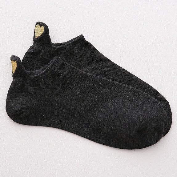 Black Ankle Socks With Golden Heart Embroidery