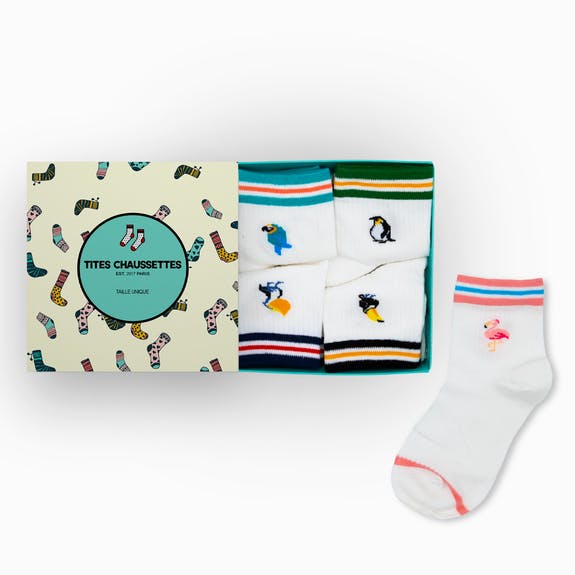 Set of White 5 Pair Quarter Socks With Exotic Birds