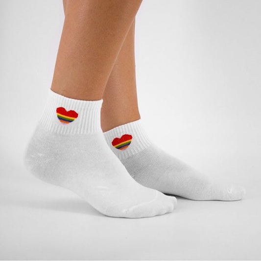 White Quarter Socks With Rainbow Heart