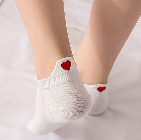 White Ankle Socks With Red Heart Embroidery